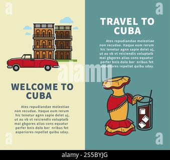 Travel to Cuba vertical booklets with sample text. Authentic building, red retro cabriolet, flamenco dress and drink of rum and cola with ice cartoon flat vector illustrations on brochures set.. Travel to Cuba vertical booklets with sample text Stock Vector