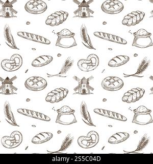 Bakery products, old mill and fresh spikes inside seamless pattern. Soft bread, long baguette, tasty pretzel and sack of flour sketches in endless texture monochrome sepia cartoon vector illustration.. Bakery products, old mill and fresh spikes inside seamless pattern Stock Vector