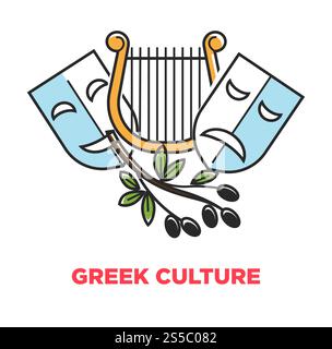 Greek culture promo poster with ancient theatrical symbols and olives on branch. Golden harp, masks with emotions and edible plant isolated cartoon flat vector illustration on commercial banner.. Greek culture promo poster with ancient theatrical symbols and olives Stock Vector
