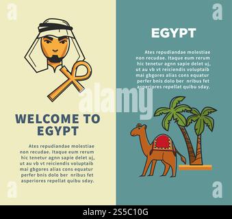 Welcome to Egypt vertical posters set with bedouin with cross and camel near tall palms. Travel agency commercial banners with sample text and country symbols cartoon flat vector illustrations.. Welcome to Egypt vertical posters with bedouin and camel Stock Vector