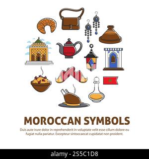 Moroccan symbols promo poster with cultural elements and sample text. Architectural landmarks, delicious food, old teapot, expensive earrings, leather handbag and national flag vector illustrations.. Moroccan symbols promo poster with cultural elements set Stock Vector