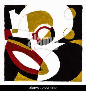 abstract graphic composition with digit and circles hand drawn with brown, gray and black paints on white paper Stock Photo