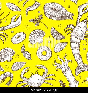 Seafood with greenery and lemon sketches on yellow in seamless pattern. Huge lobster, juicy piece of salmon, small shellfishes, ocean crab, exotic squid and king shrimp cartoon vector illustrations.. Seafood with greenery and lemon sketches on yellow inside pattern Stock Vector