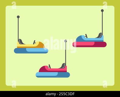 Amusement park entertainment electric cars set. Cozy vehicles with seats and steering wheel to control movements of transport. Attraction for adults and kids, isolated on vector illustration. Amusement park entertainment electric cars set vector illustration Stock Vector