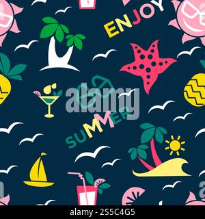 Enjoy summer seamless pattern with palms on island, small sailboat, big starfish, cocktail with straw, modern sunglasses, yellow pineapple and bright sun. Creative endless texture vector illustration.. Enjoy summer seamless pattern with palms and sails Stock Vector