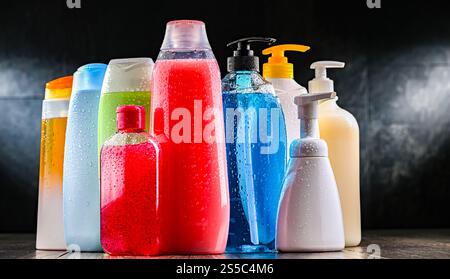 Plastic containers with different body care products Stock Photo