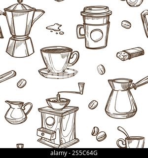 Coffee sketch pattern for coffeeshop or cafeteria. Vector seamless coffee maker, grinder or cup and hot chocolate mug with beans. Coffee makers vector sketch retro pattern Stock Vector