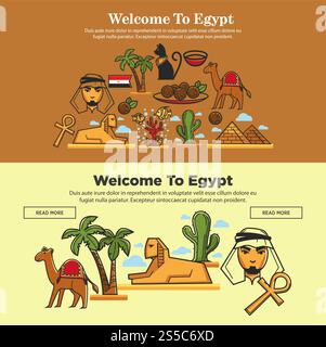 Welcome to Egypt travelling poster set with headline and text sample. Landmarks of country including pyramids, cats and camel rides. Flag and person wearing traditional clothes vector illustration. Welcome to Egypt travelling poster set vector illustration Stock Vector