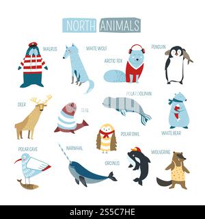 Cartoon North or South pole animals for kids design. Vector funny zoo of polar bear, walrus or white wolf and arctic fox with penguin, orca whale and narwhal in clothes. North or South polar animals vector cartoon design Stock Vector
