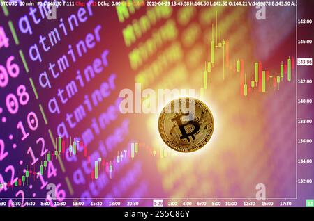 Decentralized cryptocurrency concepts, bitcoin on mining screen and trading chart. Transfer or exchange digital money through blockchain Stock Photo