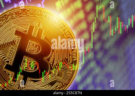 Decentralized cryptocurrency concepts, bitcoin on mining screen and trading chart. Transfer or exchange digital money through blockchain Stock Photo