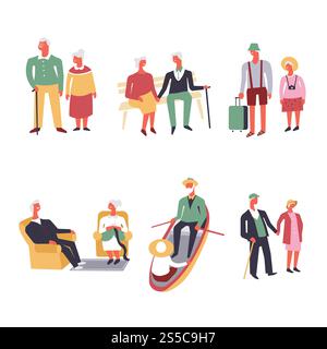Old people in fun leisure and sport activity life style. Vector elderly man and woman walking together by hand, sitting on bench or travel, relax on armchair and sailing in boat. Vector old people fun leisure and sport activity Stock Vector