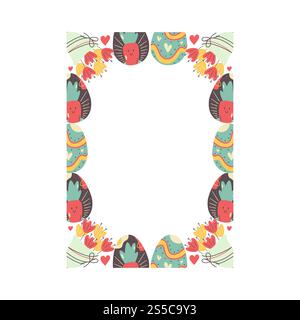 Easter egg rectangle frame design. Easter holiday egg hunt border in colorful flat style with ornaments. Retro wreath. Stock illustration card isolate Stock Photo