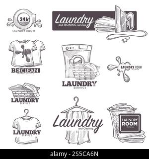 Laundry service logo sketch retro set. Vector washing machine and soap or water splash, laundry room or laundromat clothes in basket,dirt stain on t-shirt and iron. Laundry service vector sketch icons Stock Vector