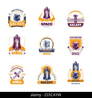 Space project and galaxy exploration vector logo templates of astronaut, rocket or spaceship shuttle and satellite for outer space and universe adventure travel. Space exploration adventure project vector icons Stock Vector