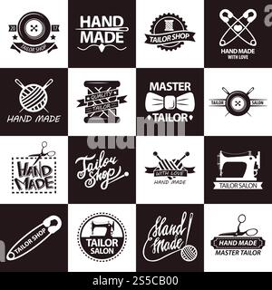 Tailor shop or dressmaker atelier salon vector logo templates of sewing machine, scissors and button with tie stitch and needle pin in thread clew. Tailor shop or atelier salon vector icons Stock Vector