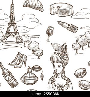 France landmarks and famous symbols sketch pattern background. Vector seamless Paris Eiffel Tower or cheese or wine and baguette or French perfume or fashion shoes for travel and tourism design. France landmarks and famous symbols sketch pattern background. Stock Vector