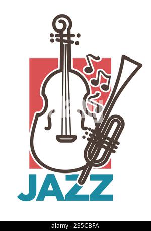 Jazz promo poster with classic musical instruments and notes. Huge contrabass and long pipe outlines. Stylish elegant live music concert commercial banner cartoon flat vector illustration on white.. Jazz promo poster with classic musical instruments and notes Stock Vector