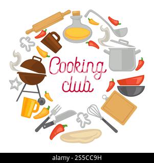 Cooking club or chef school classes design of kitchenware and kitchen utensils icons. Vector cutlery of fork, spoon or knife and ladle in saucepan, dough for baking and meat for grill barbecue. Cooking club chef kitchenware icons vector poster Stock Vector
