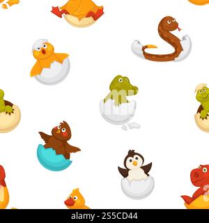 Animals born from eggs, eggshells and reptiles seamless pattern vector. Fluffy chicken, penguin and dragon, snake and alligator sitting in shell. Small newborn creatures , serpent and hen hatching. Animals born from eggs, eggshells and reptiles vector Stock Vector