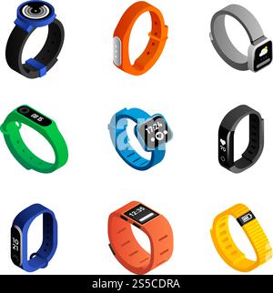 Fitness tracker icons set. Isometric set of fitness tracker vector icons for web design isolated on white background. Fitness tracker icons set, isometric style Stock Vector