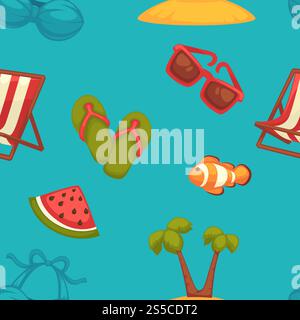 Summer bright seamless pattern of seasonal attributes set. Rubber flip-flops, modern sunglasses, small clown fish, tall palms, striped recliner and watermelon triangular slice vector illustrations.. Summer bright seamless pattern of seasonal attributes set Stock Vector