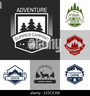 Adventure summer outdoor camping isolated labels set vector. Traveling to mountains being closer to nature, forest and trees. Animals sign, deer with horns, traveling,   and touristm, sleeping in tents. Adventure summer outdoor camping isolated labels set vector Stock Vector