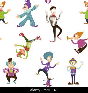Clown and mime entertaining people seamless pattern vector. Entertainment at celebration events and holidays. Person with make up wearing costume playing trumpet, ball games and balancing trick. Clown and mime entertaining people seamless pattern vector Stock Vector