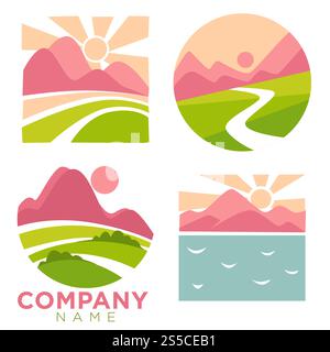 Company nature, and landscapes high mountains set vector. Roads and path leading to hills and sunset. Sunshine on natural area without people, empty places to enjoy sea and ocean water waves. Company nature,  and landscapes high mountains set vector Stock Vector