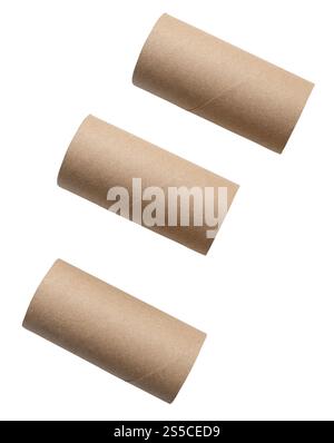 Top view set of tissue paper cores or napkin in strange shape after use in toilet or restroom is isolated on white background with clipping path. Stock Photo