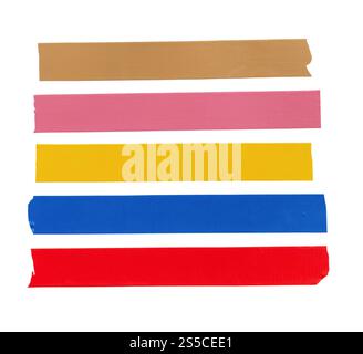 Top view set of multicolor adhesive vinyl or cloth tape in stripes is isolated on white background with clipping path. Stock Photo