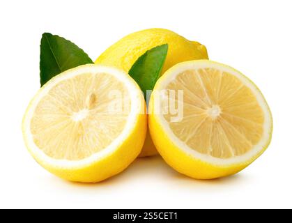 Side view of fresh ripe yellow lemon fruit with two halves and green leaves is isolated on white background with clipping path. Stock Photo