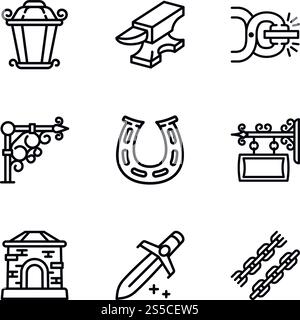 Blacksmith icon set. Outline set of 9 blacksmith vector icons for web design isolated on white background. Blacksmith icon set, outline style Stock Vector