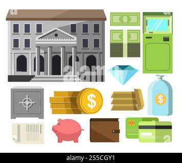 Money preserved in coin and bill cash, plastic card, precious paper, pig moneybox, safe deposit box, ATM and wallet. Vector poster in flat design of colorful icons relating to banking system on white.. bankMoney preserved in coin and bill cash, plastic card, precious paper Stock Vector