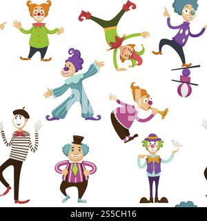 Clown and mime entertaining people seamless pattern vector. Entertainment at celebration events and holidays. Person with make up wearing costume playing trumpet, ball games and balancing trick. Clown and mime entertaining people seamless pattern vector. Stock Vector