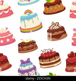 Cakes and pies sweet desserts seamless pattern vector. Baked food with decor, rainbow and cream, fruit slices and berries, strawberry and pear. Mousse and topping, decorated bakery chocolate. Cakes and pies sweet desserts seamless pattern vector Stock Vector