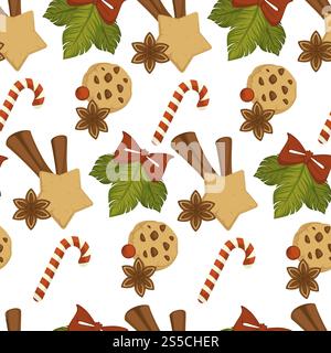 Merry Christmas baked cookies with chocolate and cinnamon vector. Seamless pattern isolated on white background, leaves of traditional mistletoe plant, candy stick and star shaped ginger bakery. Merry Christmas baked cookies with chocolate and cinnamon Stock Vector