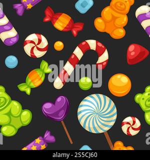 Delicious sweet candies in bright covers and lollipops in shape of cute hearts, striped cane and small teddy in seamless pattern isolated cartoon flat vector illustrations set inside squares.. Delicious sweet candies in bright covers and lollipops in shape of cute hearts, striped cane and small teddy in seamless pattern isolated Stock Vector