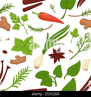 Dill and parsley, greenery and herbs seamless pattern vector. Fresh products and vegetables, plants and leaves of natural organic flora. Onion and cinnamon. ginger and carrots, cooking veggies. Dill and parsley, greenery and herbs seamless pattern vector Stock Vector