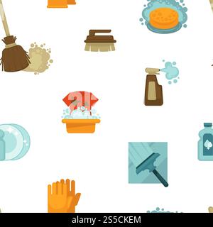 Cleaning service, tools and instruments seamless pattern vector. Chores gloves and liquid to wash plates poured in plastic bottle. Vacuuming and hoovering, mopping floor with duster and mop.. Cleaning service, tools and instruments seamless pattern vector Stock Vector