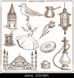 Turkey travel landmarks and tourism symbols. Vector sketch icons of Turkish mosque, Istanbul seagull and hookah shisha or coffee cezve, doner kebab or baklava pastry and dervish dancer. Turkey travel symbols and vector sketch landmarks Stock Vector