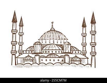 Turkey mosque architecture monochrome sketch outline. Cultural and historical heritage of eastern asian country. Place for believers to pray and worship God, isolated on white vector illustration. Turkey mosque architecture monochrome sketch outline vector illustration Stock Vector