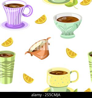 Lemon drink tea beverage in mug and citrus slices vector. Healthy potion to cure fro cold, nutritious and aromatic hot water. Teacups with floral flourishing prints, seamless pattern on white. Lemon drink tea beverage in mug and citrus slices vector Stock Vector