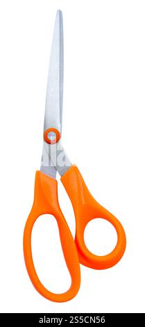 Medium multipurpose scissors with orange handle in vertical is isolated on white background with clipping path. Stock Photo