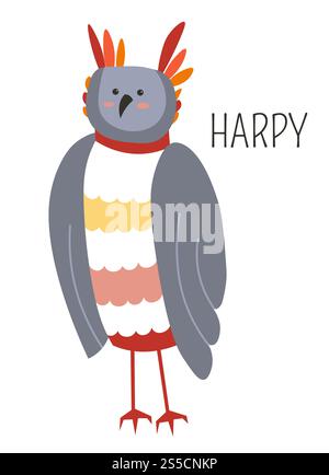Harpy fairy bird childish cartoon book character. Wild animal with wings and feathers in head stands on thin claws. Ridiculous creature with bright plumage on stomach isolated vector illustration.. Harpy fairy bird childish cartoon book character Stock Vector