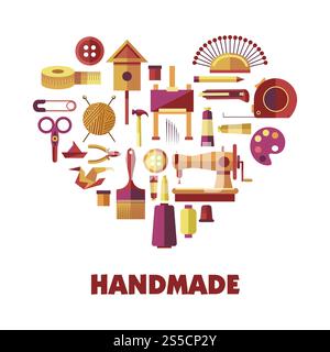 Handmade products creation special tools in heart shape. Equipment to paint pictures, supplies to sew and design clothes and instruments to craft small objects cartoon vector illustrations set.. Handmade products creation special tools in heart shape Stock Vector
