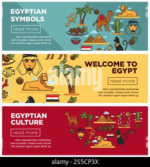Welcome to ancient Egypt vector banners. Pharaohs statues and mummy, Ra ...