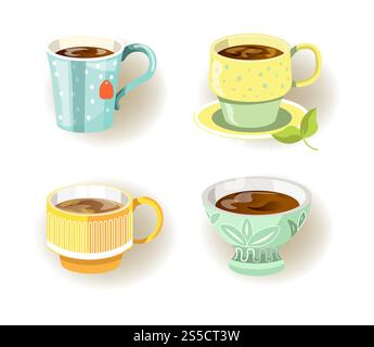 Different cups and mugs of various shapes and colors. Containers filled with coffee or hot tea beverages for people to drink, have refreshment. Dishware with lines floral patterns vector illustration. Different cups and mugs shapes and colors vector illustration Stock Vector