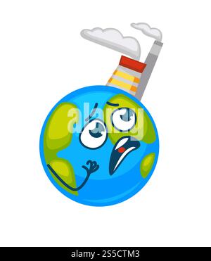 Earth that suffers because of factories placed on it. Planet with pipes that spread emissions on it and sad disappointed face expression isolated cartoon flat vector illustration on white background.. Earth that suffers beacause of factories placed on it Stock Vector