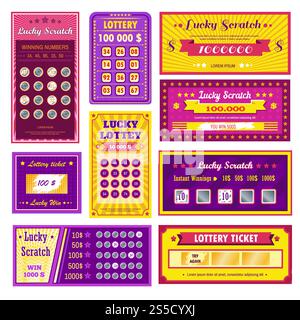 Lottery tickets lucky scratch bright glossy templates set. Paper sheets with numbers to take part in gambling and win easy money isolated cartoon vector illustrations collection on white background.. Lottery tickets lucky scratch bright glossy templates set Stock Vector